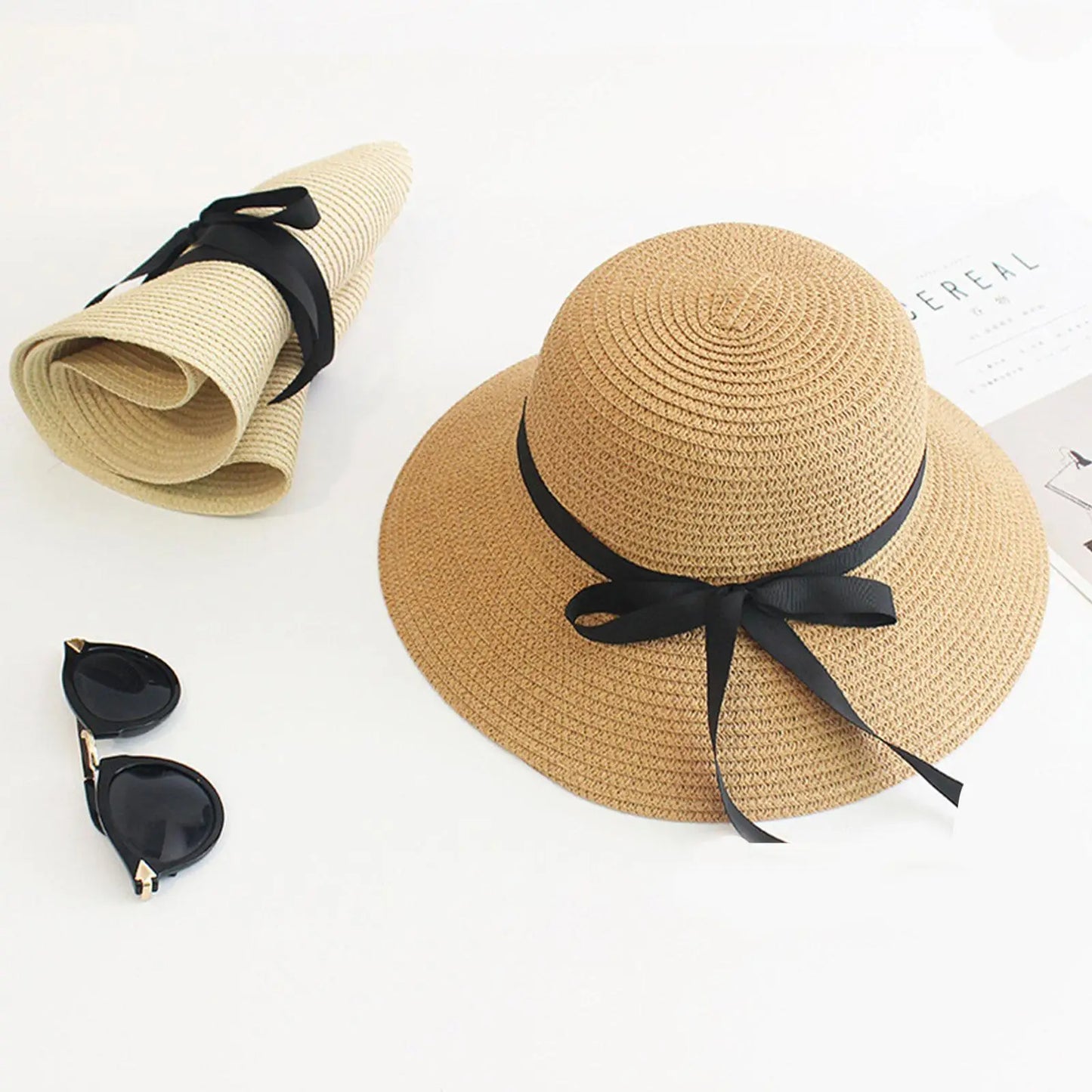 Summer Straw Hat Big Wide Brim Foldable Beach Sun Hat Straw Floppy Sun